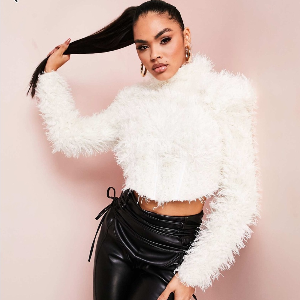 ASOS LUXE extreme shoulder fluffy knit sweater in white PRODUCT CODE 109930571